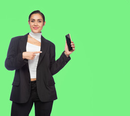 woman pointing at smartphone screen