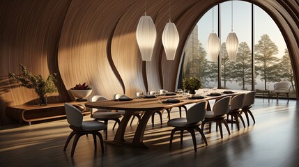 Minimalist interior design of modern dining room with abstract wood paneling arched wall.
 - obrazy, fototapety, plakaty