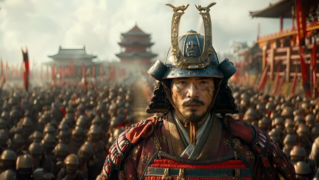 4K HD video clips  a samurai general is leading a large army of soldiers to attack the castle.