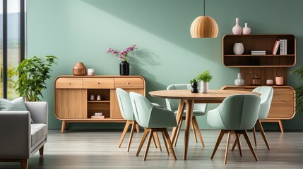 Mint color chairs at round wooden dining table in room with sofa and cabinet near green wall. Scandinavian, mid-century home interior design of modern living room
