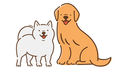 笑顔で笑う2匹の犬のおすわりしているかわいい全身のペット・動物イラスト_白バック