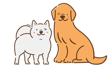 笑顔で笑う2匹の犬のおすわりしているかわいい全身のペット・動物イラスト_白バック