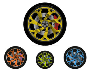 Set of a Realistics Car Sport Rims With differents Colors of Disk Brakes