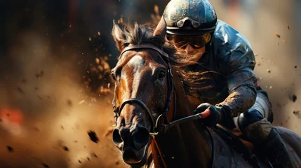 Poster Jockey champion on racing horse on hippodrome © Алина Бузунова