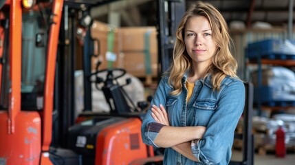 Fototapeta na wymiar Confident young woman standing with arms crossed in front of forklift