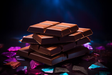 a chocolate bar, delicious chocolate bar, neon, dark background