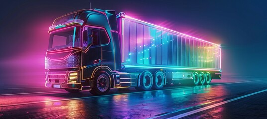 Delivery truck European style with glowing neon. Cargo courier transport concept. Generative AI technology.	
 - obrazy, fototapety, plakaty