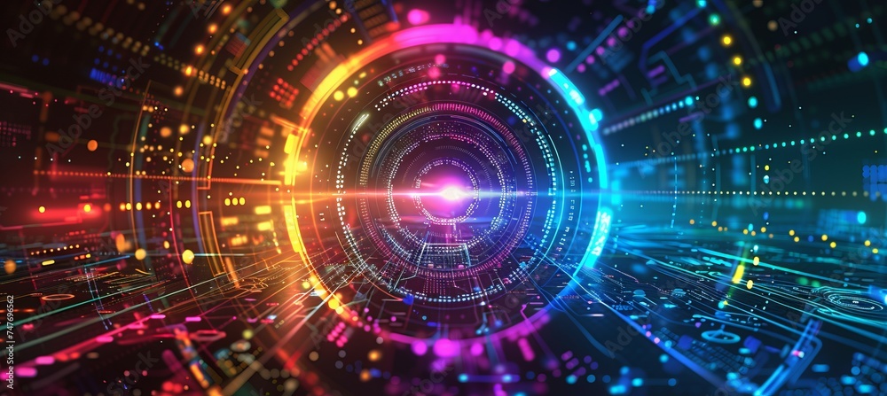 Poster colorful digital space portal. generative ai technology.
