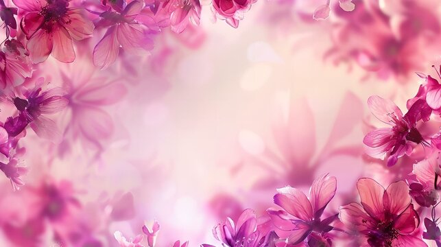 Background of pink flowers with space for text. Layout or greeting card for Mother's Day, wedding, or happy event. Banner.