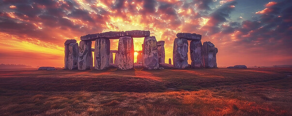 Stonehenge at Sunset with Dramatic Sky - obrazy, fototapety, plakaty