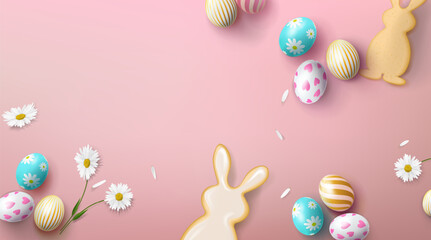 Pink Happy Easter background. Vector banner with Easter eggs, cookies in the form of Easter bunnies and spring flowers for the design of cards, posters, prints, invitations, covers.