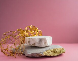 Luxury natural stone podium gold elements mockups for showing packaging and product on pink background space for text or design products, 