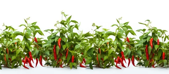Foto op Plexiglas A row of vibrant red chili peppers neatly aligned on a bright white background. The peppers are fresh and ripe, showcasing their glossy skins and distinct shapes. © Vusal