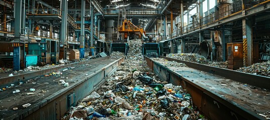 Conveyer belt at garbage recycle disposal plant. Generative AI technology. - obrazy, fototapety, plakaty