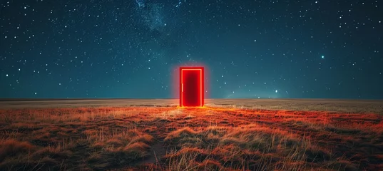 Fotobehang Red glowing door at night field open space. Generative AI technology. © Hero Design