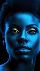 African American girl with golden makeup, blue light on her face.