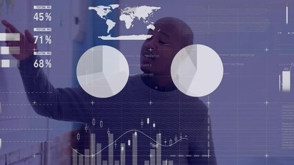 Animation of data processing on charts over african american male teacher and schoolboys in class - Powered by Adobe