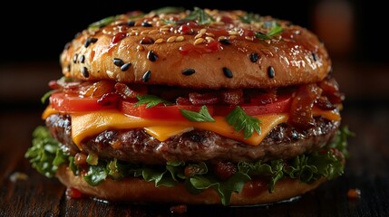 Tasty craft burger with grilled meat, cheese, tomato, vegetables on the black background. Delicious juicy burger at black background. Burger concept. Fast food concept. Food concept. Tasty concept