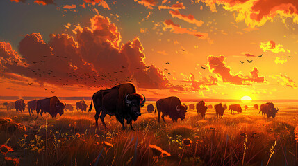 Sunset Over Bison Herd on the Great Plains