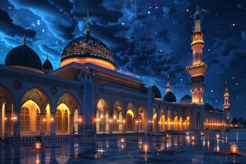 Glowing mosque with night background, copy space - generative ai - obrazy, fototapety, plakaty