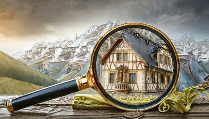 magnifying glass on the background of the sky, magnifying glass on the roof of house, Real estate to buy and invest in. House searching concept with magnifying glass. Hunt for new house, Searching new - obrazy, fototapety, plakaty