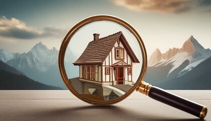 house in the clouds, magnifying glass on the roof of house, Real estate to buy and invest in. House searching concept with magnifying glass. Hunt for new house, Searching new house for purchase - obrazy, fototapety, plakaty