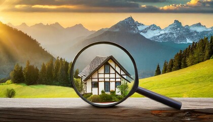 magnifying glass on the roof of house, Real estate to buy and invest in. House searching concept with magnifying glass. Hunt for new house, Searching new house for purchase - obrazy, fototapety, plakaty