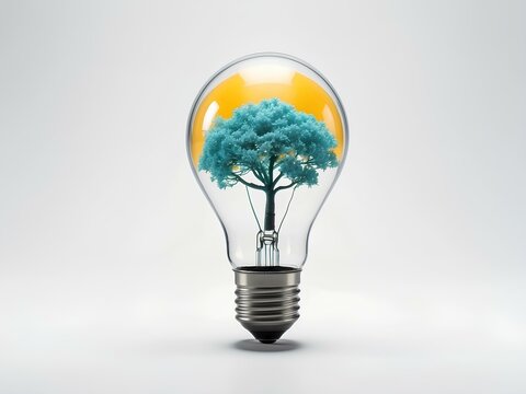 light bulb with blue tree, white background, isolated for design, clean energy concept, renewable energy 