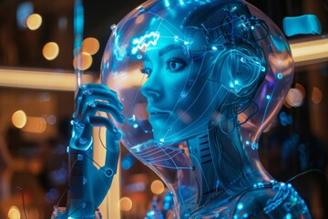 face of female humanoid android Artificial Intelligence mechanical robot be creative Have an understanding of orders It has the most advanced operating system Robot innovations of the future blue tone