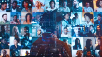 Back view of a business person analyzing interactive screens, network of global communications. - Powered by Adobe