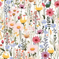 Seamless pattern with wildflowers. Watercolor illustration.