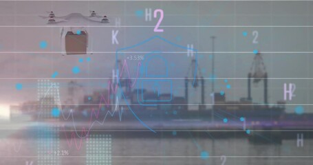 Animation of padlock icon and processing data over drone and shipping harbor - Powered by Adobe