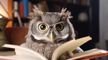 Clever owl reading book at library