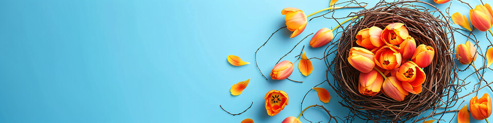 Orange tulips in bird nest. Tulip flowers in basket on light blue  background. Spring and Easter...