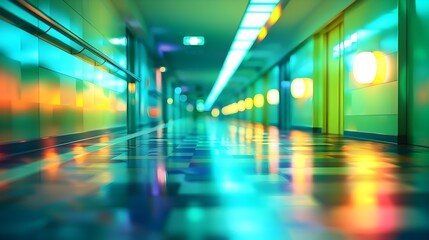Modern Hallway in a Medical Building with Bright Colored Lights