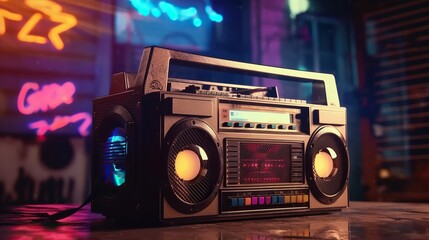 Vintage boombox hiphop dance music in neon graffiti room - obrazy, fototapety, plakaty