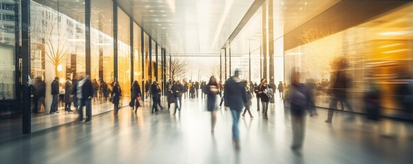 Motion blur people in modern open office walking fast in a rush