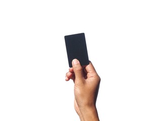 A man's hand makes a gesture of holding a black card.  or gray business card  Some types of...