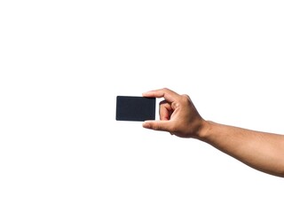 A man's hand makes a gesture of holding a black card.  or gray business card  Some types of...