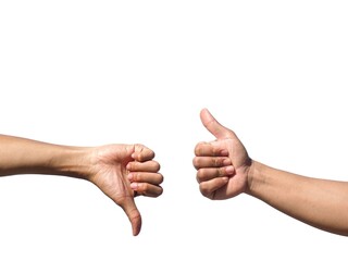 Two male hands giving thumbs up and down on white background, business concept.