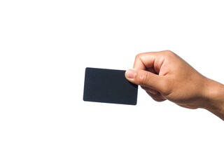 A man's hand makes a gesture of holding a black card. or gray business card Some types of documents, identity card or passport, isolated on white background.