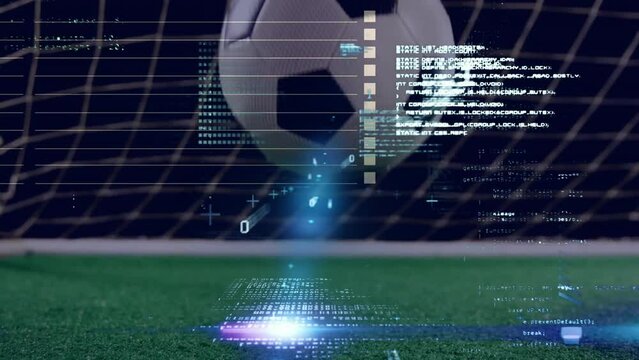 Animation of data processing over football bouncing on pitch