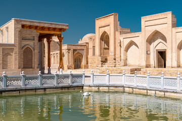 Obraz premium Pool with a swan in necropolis Chor-Bakr in Bukhara, Uzbekistan.