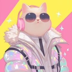 Fantasy character with a cat head and headphones, a reflective jacket, and colorful design. Created with Generative AI technology