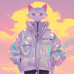 Fantasy Character with a cat head, reflective jacket, and colorful design. Created with Generative AI technology