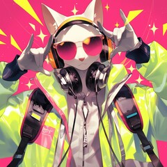 Fantasy character with a cat head and headphones, a reflective jacket, and colorful design. Created with Generative AI technology