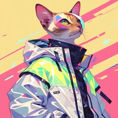 Fantasy Character with a cat head, reflective jacket, and colorful design. Created with Generative AI technology