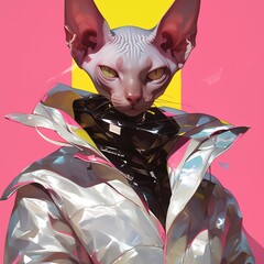 Fantasy Character with a cat head, reflective jacket, and colorful design. Created with Generative AI technology