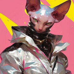 Fantasy Character with a cat head, reflective jacket, and colorful design. Created with Generative AI technology