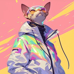 Fantasy Character with a cat head, reflective jacket, and colorful design. Created with Generative AI technology